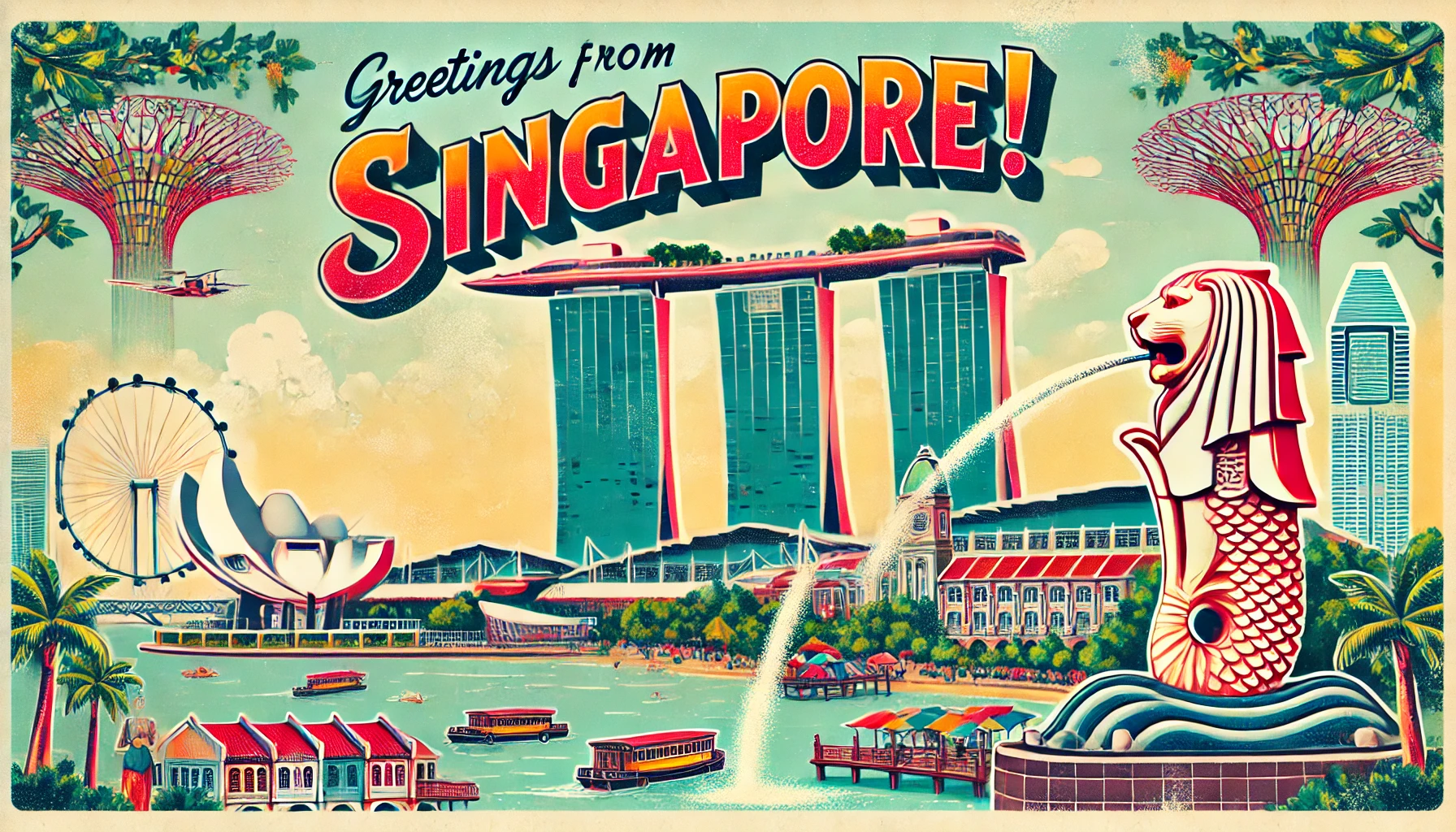 Retro postcard of Singapore.